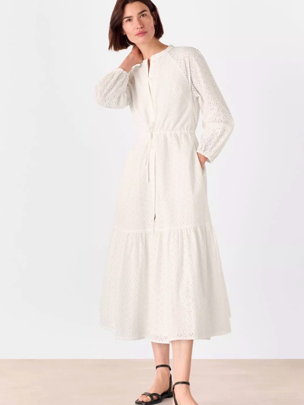 New! Zara White Eyelet Tiered Midi Dress with Tie Waist XL Feminine Eyelet Boho